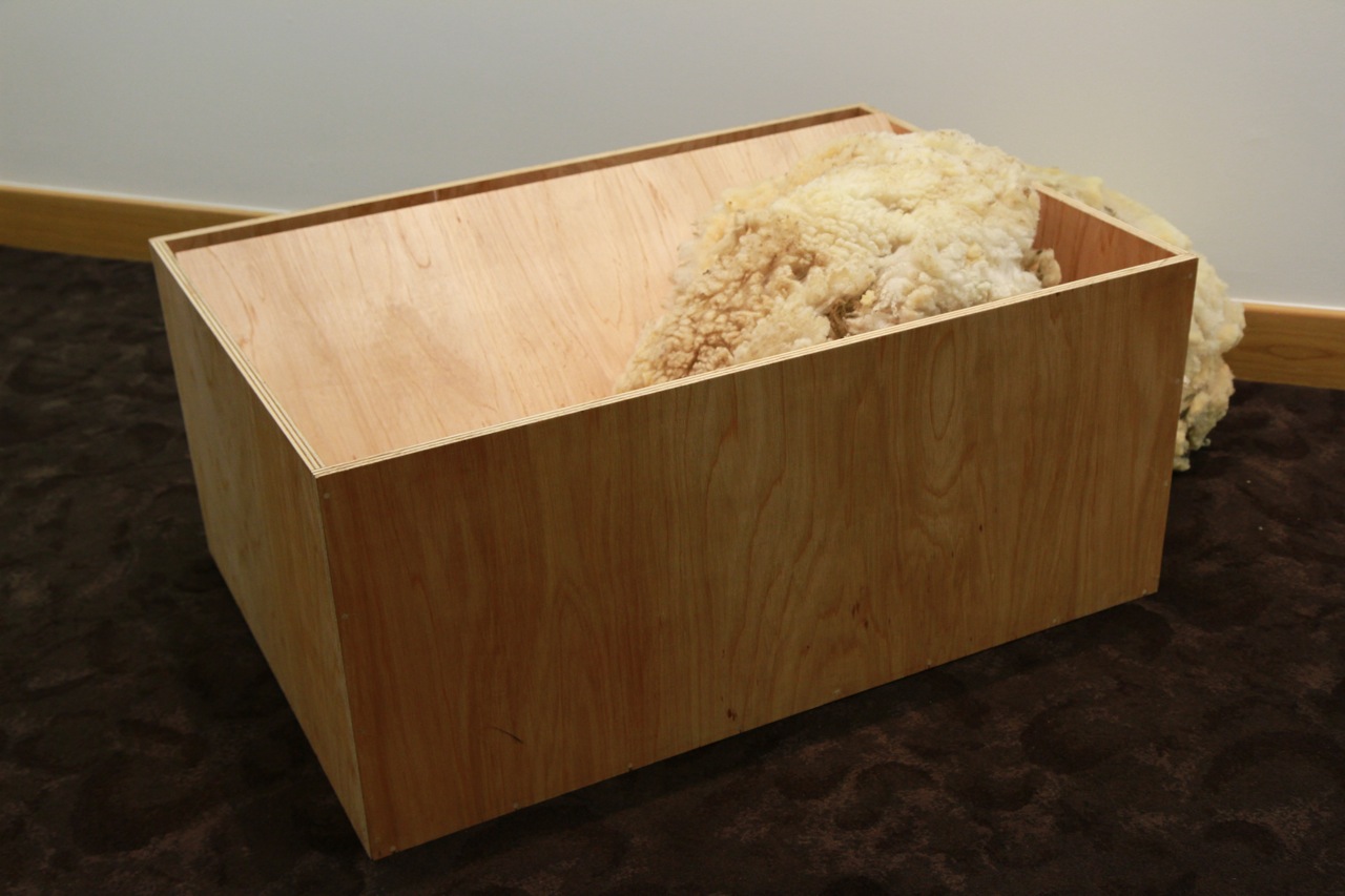 Open / Agored, Pren haenog, cnu / Plywood, fleece. 115 x 79 x 51cm.